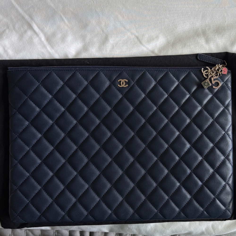 CHANEL Navy Quilted Lambskin Large O Clutch